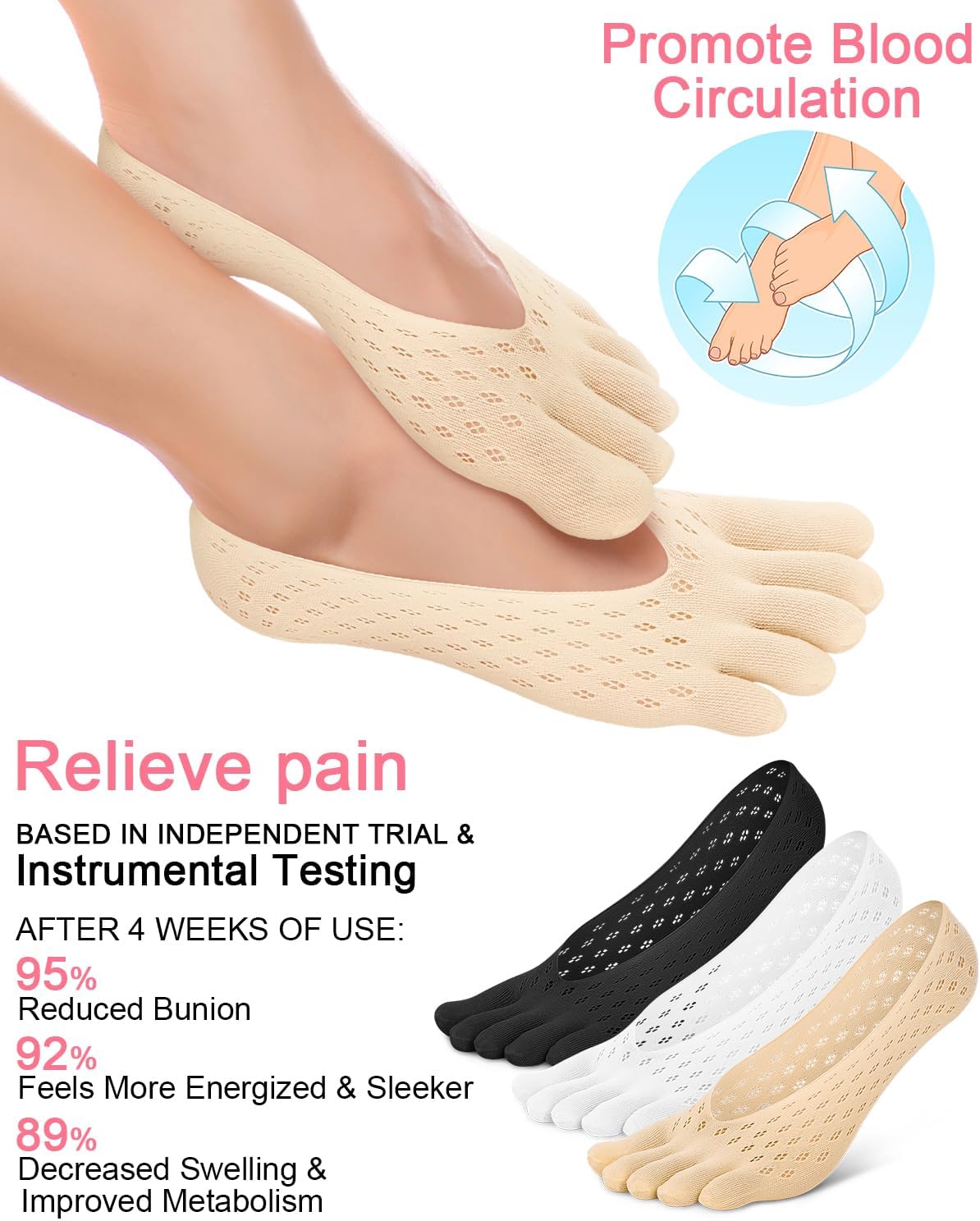 6 Pair Bunion Relief Socks, Toe Alignment Compression Toe Separator Socks, No Show Low Cut Liner Five Finger for
