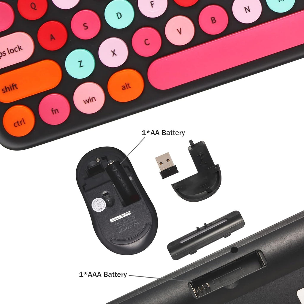 Wireless Keyboard and Mouse Combo, Retro Typewriter Keyboard with Round Keycaps, 2.4GHz USB Cute Wireless Keyboard