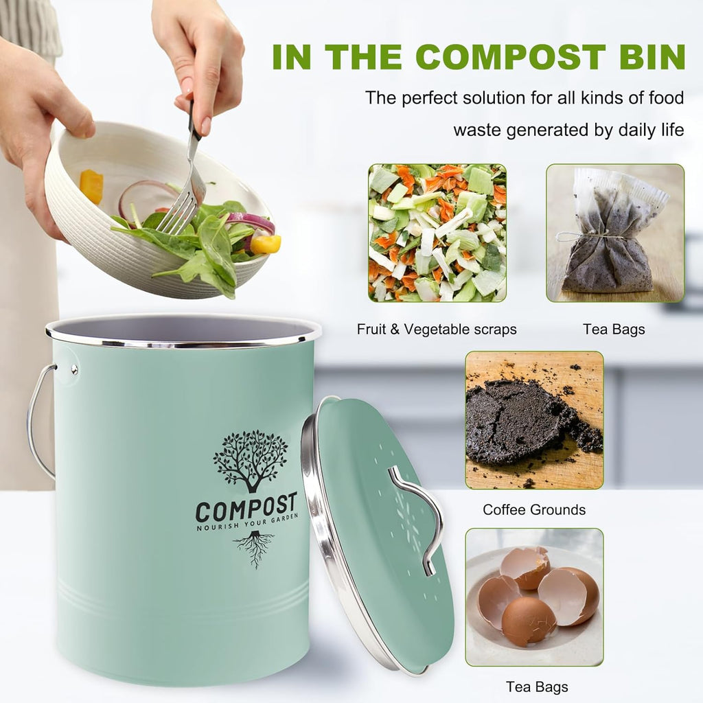 Kitchen Countertop Compost Bin, Odor Resistant Indoor Compost Bin with Lid and Charcoal Filter, Rust Resistant Coated