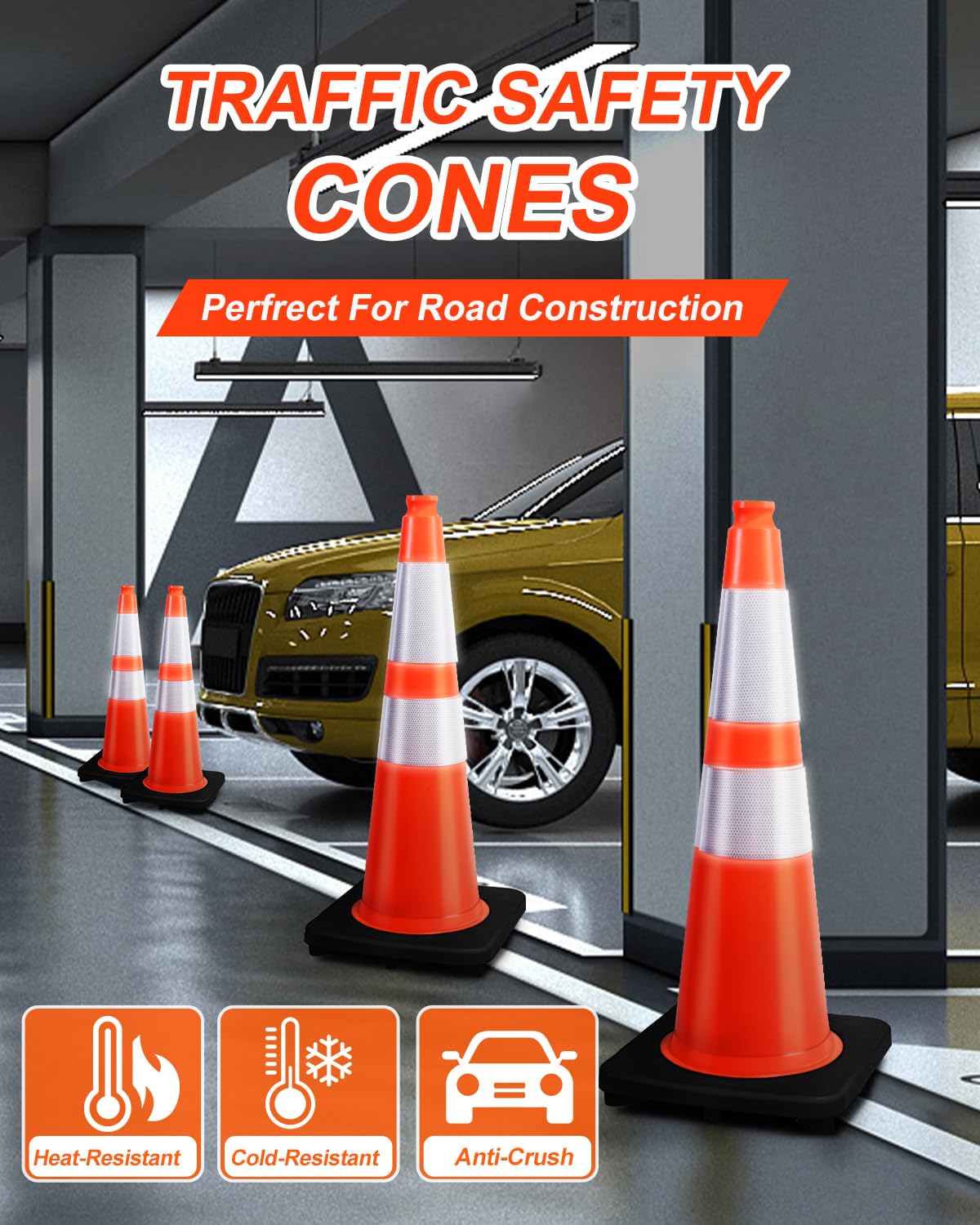 28 Inch Orange Traffic Cones, Heavy Duty Rubber Base | Heavy Duty Safety Cones with Weighted Rubber Base, Stable