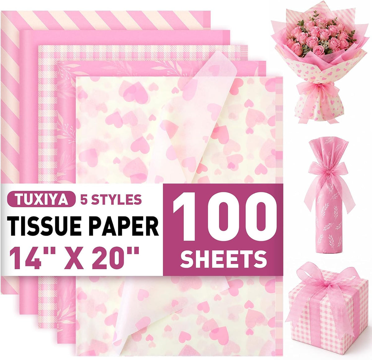 100 Pcs Pink Tissue Paper,5 Designs 14"X20" Tissue Paper Bulk