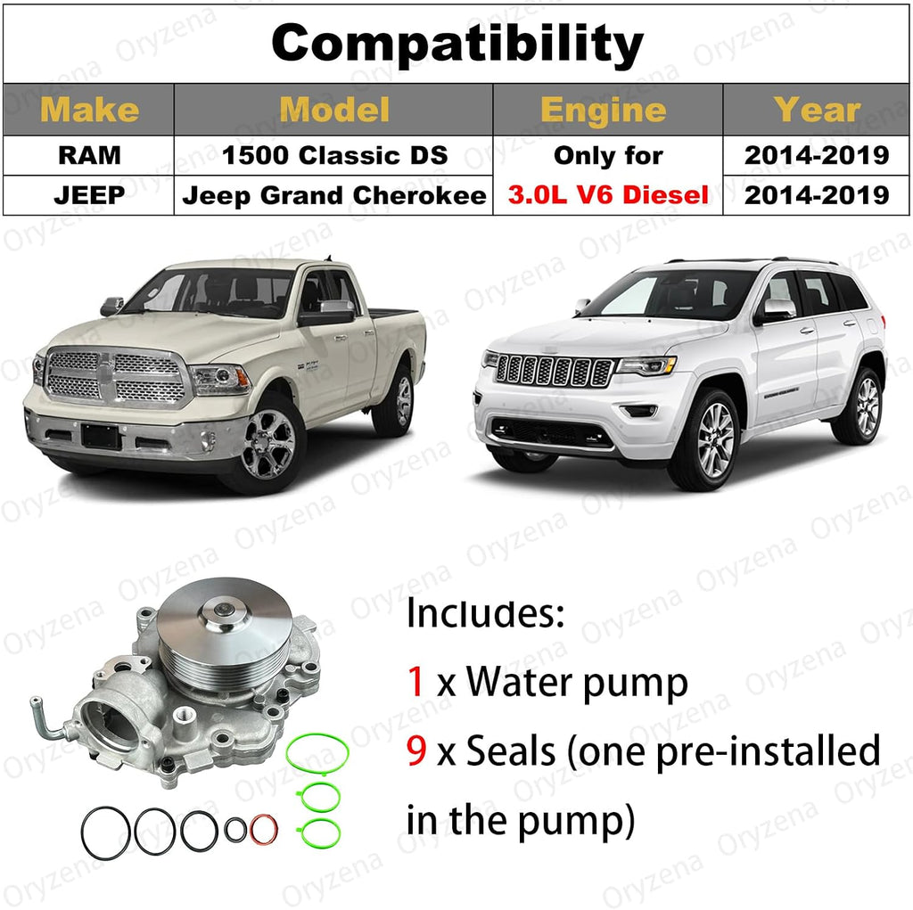 Mopar 68211202AA Water Pump for Ram 1500, Jeep 2014-2019 - Replaces 68211202AB, US8161, 43127BH