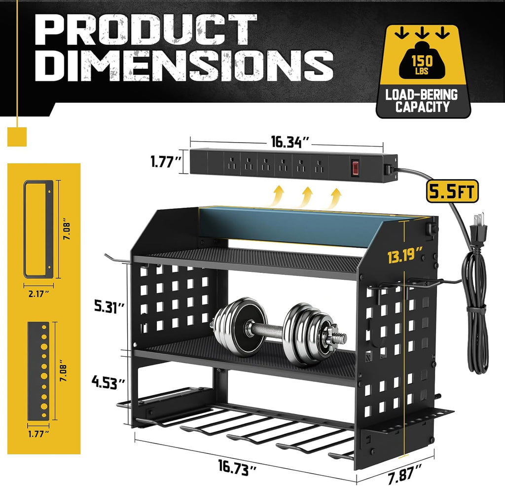 Power Tool Organizer with Charging Station 6 Outlets, 3-Layer Heavy Duty Wall Mount Drill Storage Rack, Cordless Tool