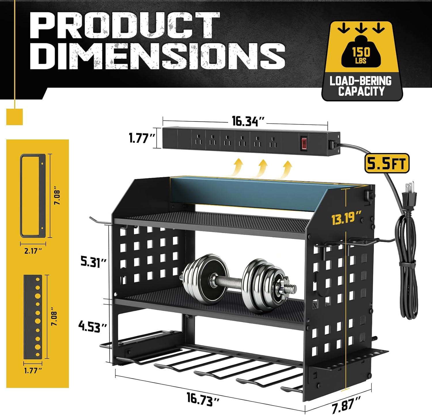 Power Tool Organizer with Charging Station 6 Outlets, 3-Layer Heavy Duty Wall Mount Drill Storage Rack, Cordless Tool