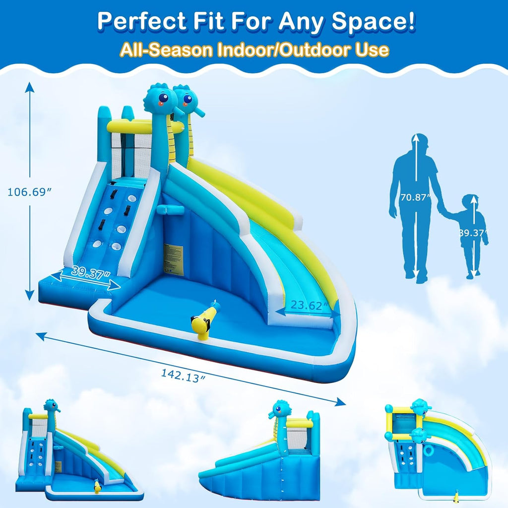 Inflatable Water Slide for Kids Backyard, 5-in-1 Bounce House with Climbing Wall, Splash Pool, Water Cannon &