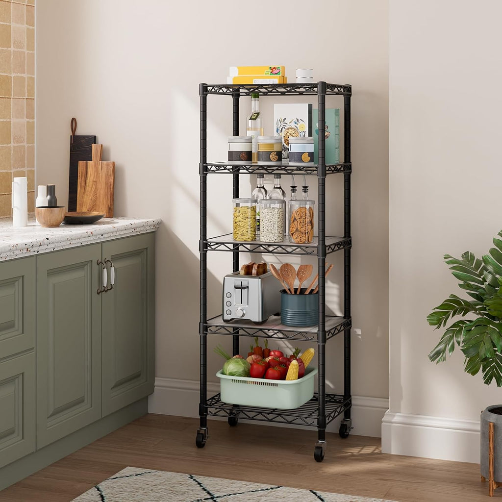 Small 5 Tier Shelves Storage Wire Shelving Unit Metal Shelf Adjustable Organizers Storage Shelving with Wheels for
