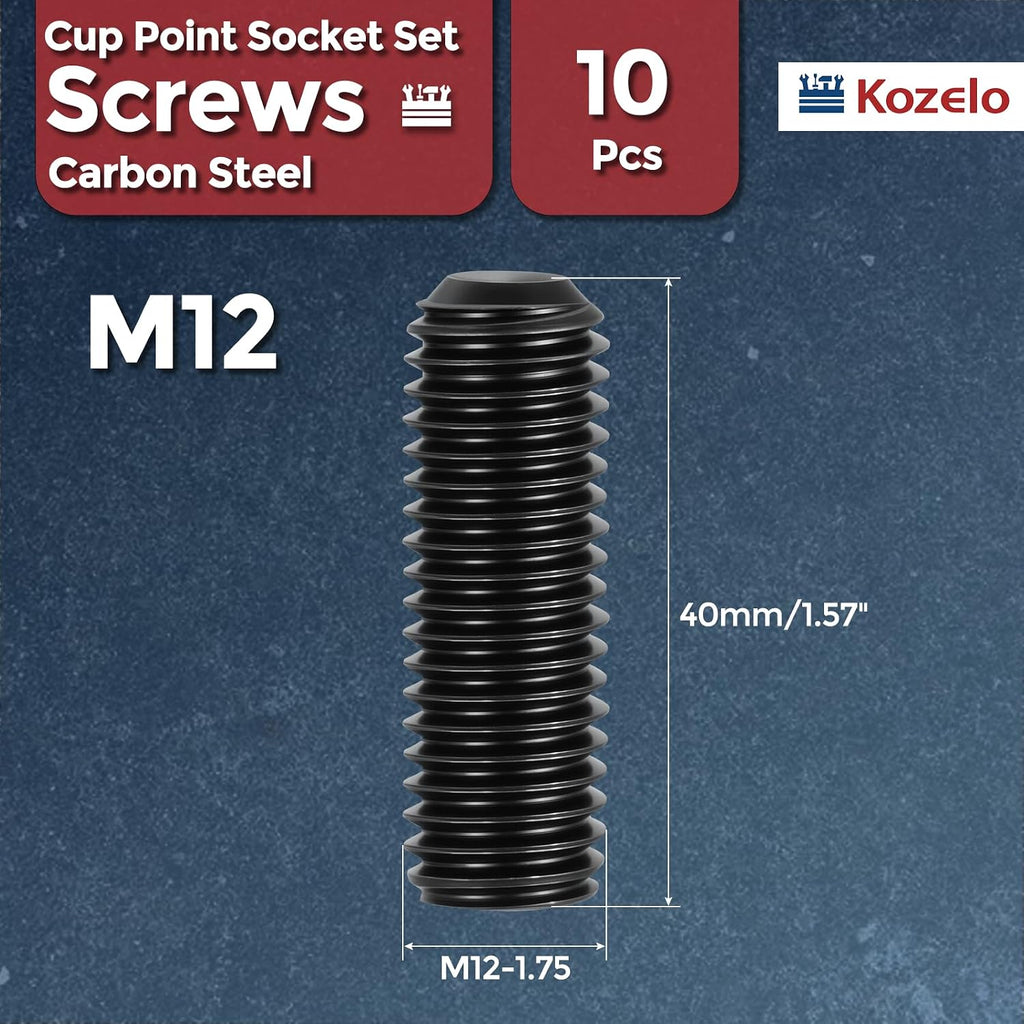 10Pcs Cup Point Socket Set Screws-M12-1.75x40 Carbon Steel