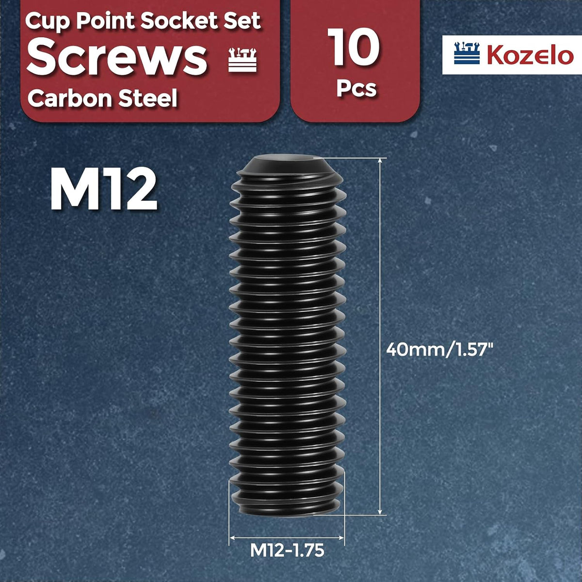 10Pcs Cup Point Socket Set Screws-M12-1.75x40 Carbon Steel