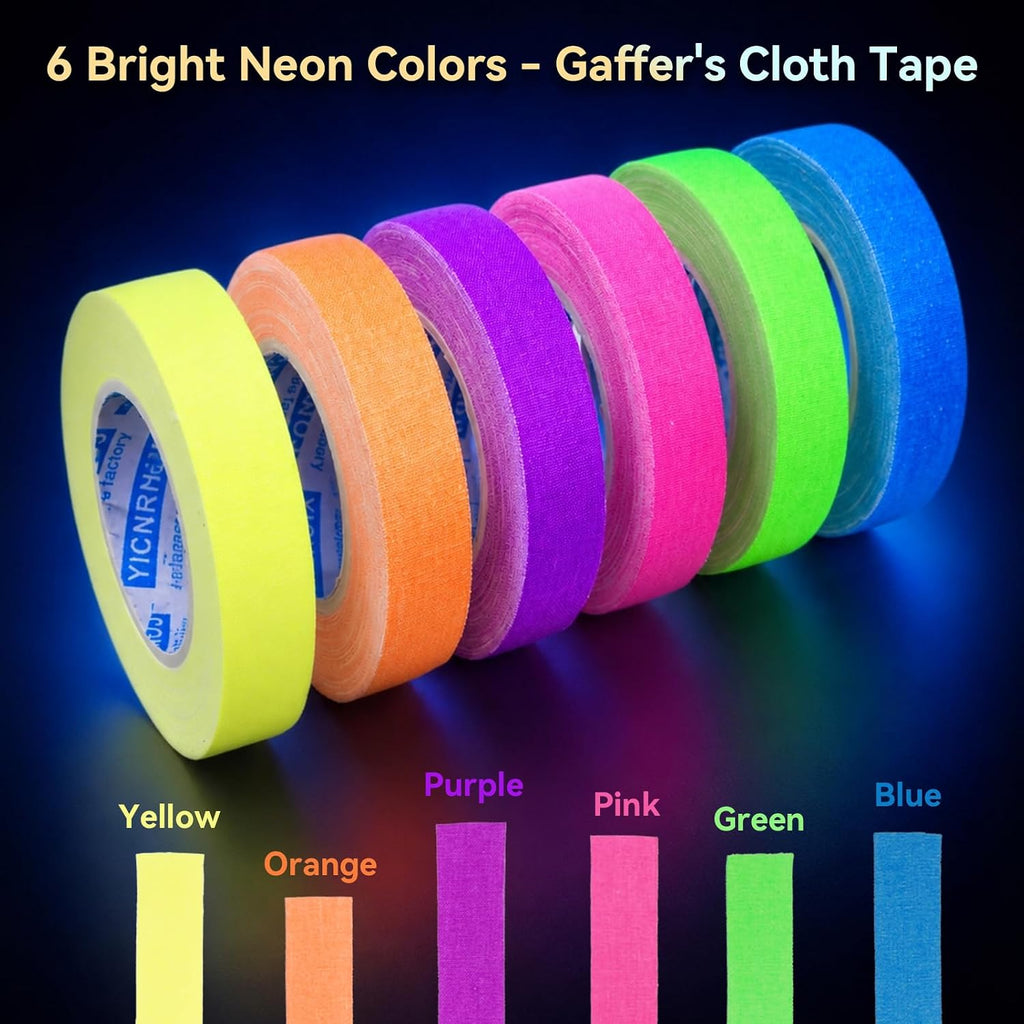 6-Pack 0.6in x 32.8ft Neon Gaffer Tape, Strong & Fluorescent Glow