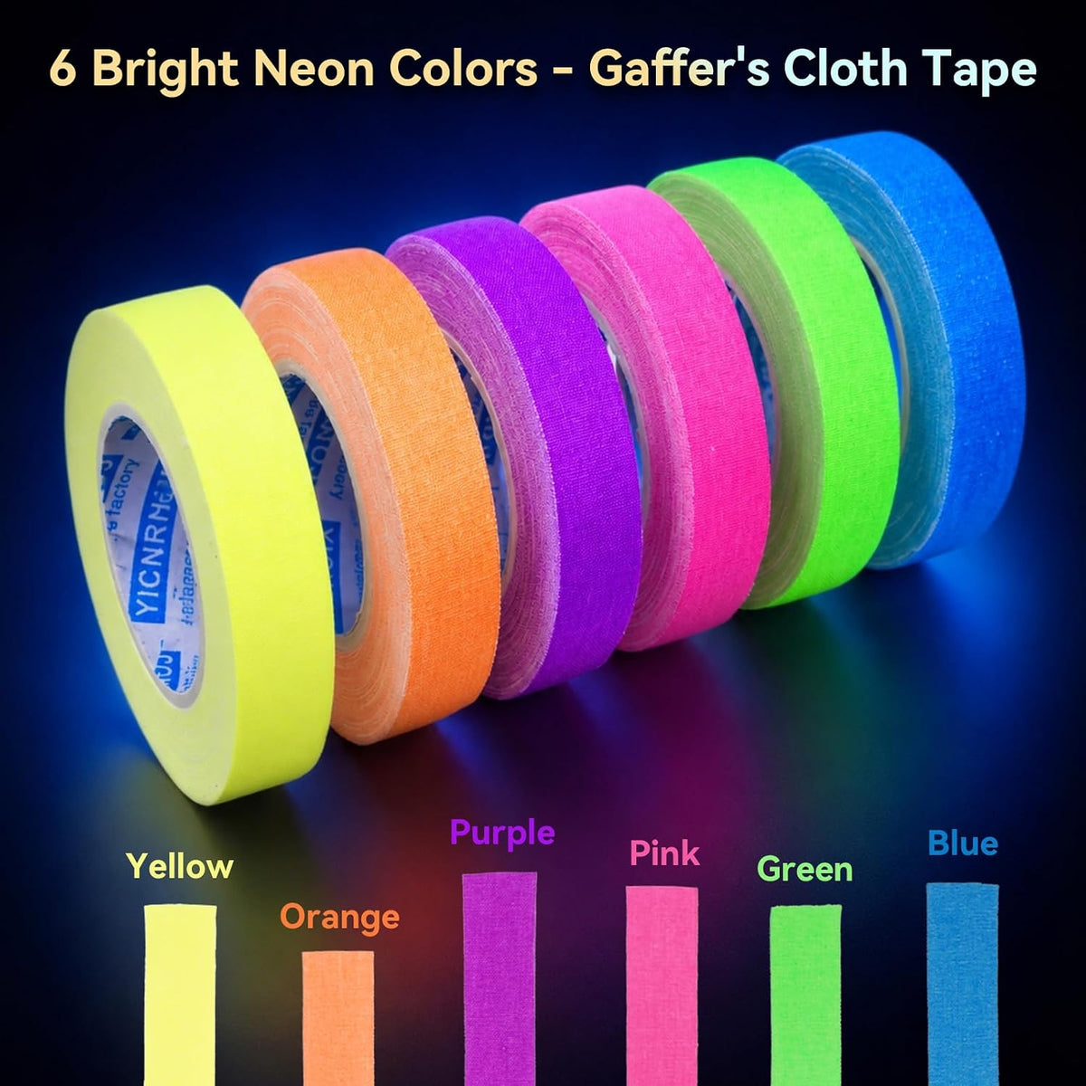 6-Pack 0.6in x 32.8ft Neon Gaffer Tape, Strong & Fluorescent Glow