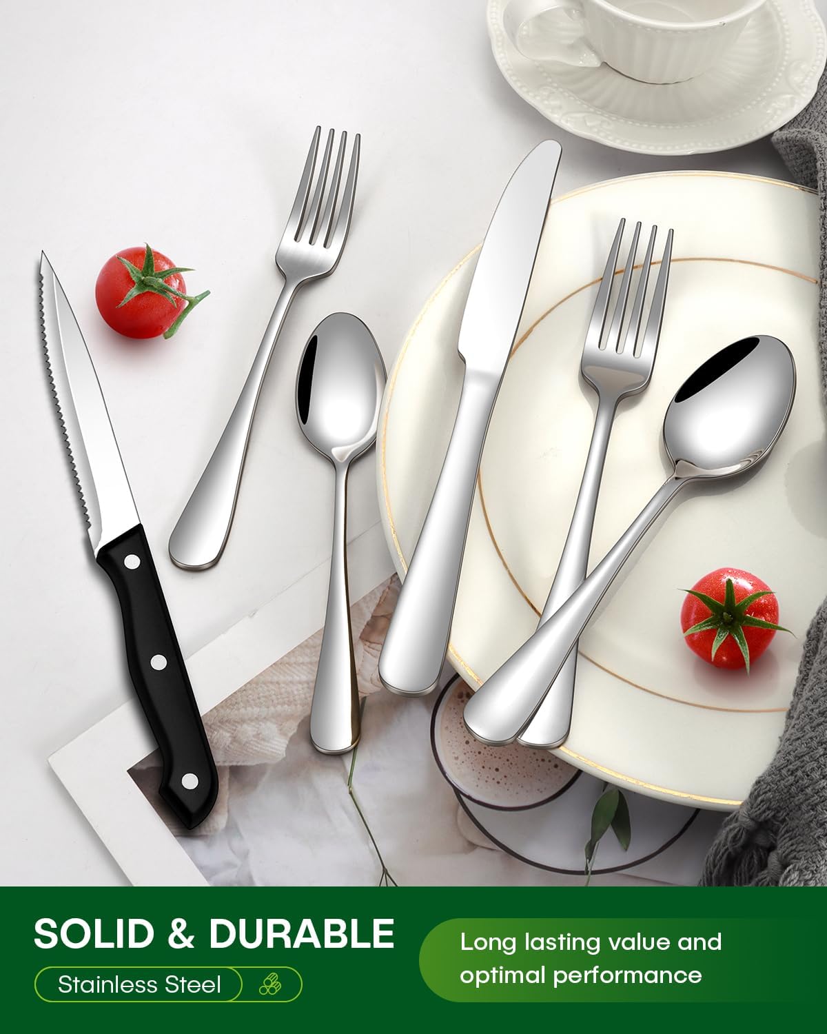 Silverware Set, 48-Piece Flatware Set with Steak Knives for 8, Stainless Steel Mirror Cutlery Include Forks Spoons