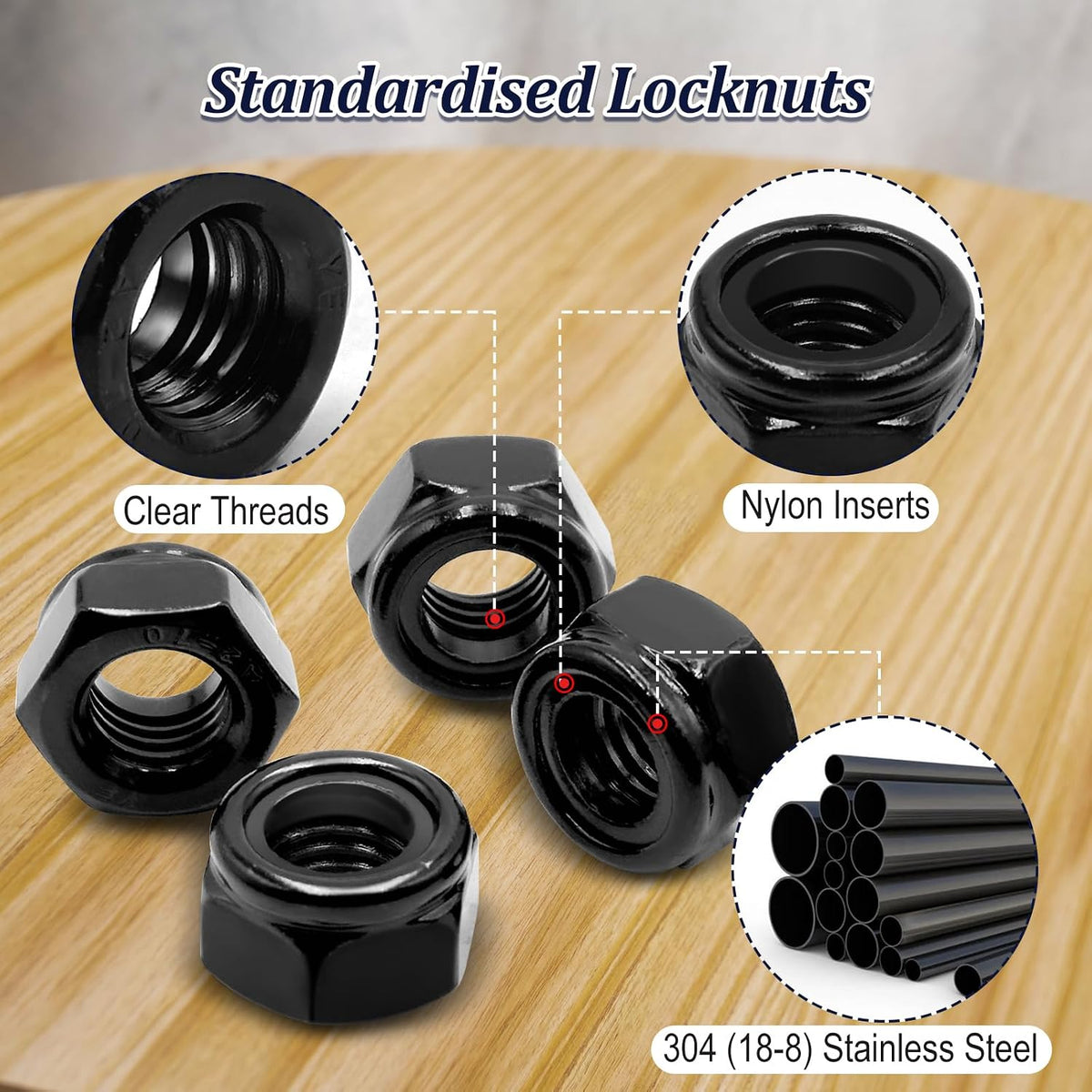 180Pcs Metric Stainless Nylon Lock Nuts Assortment Kit;Black M3-M12 Locknut