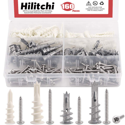 160-Pieces Large/Small Zinc Plastic Self Drilling Drywall Hollow-Wall Anchor Assortment Kit