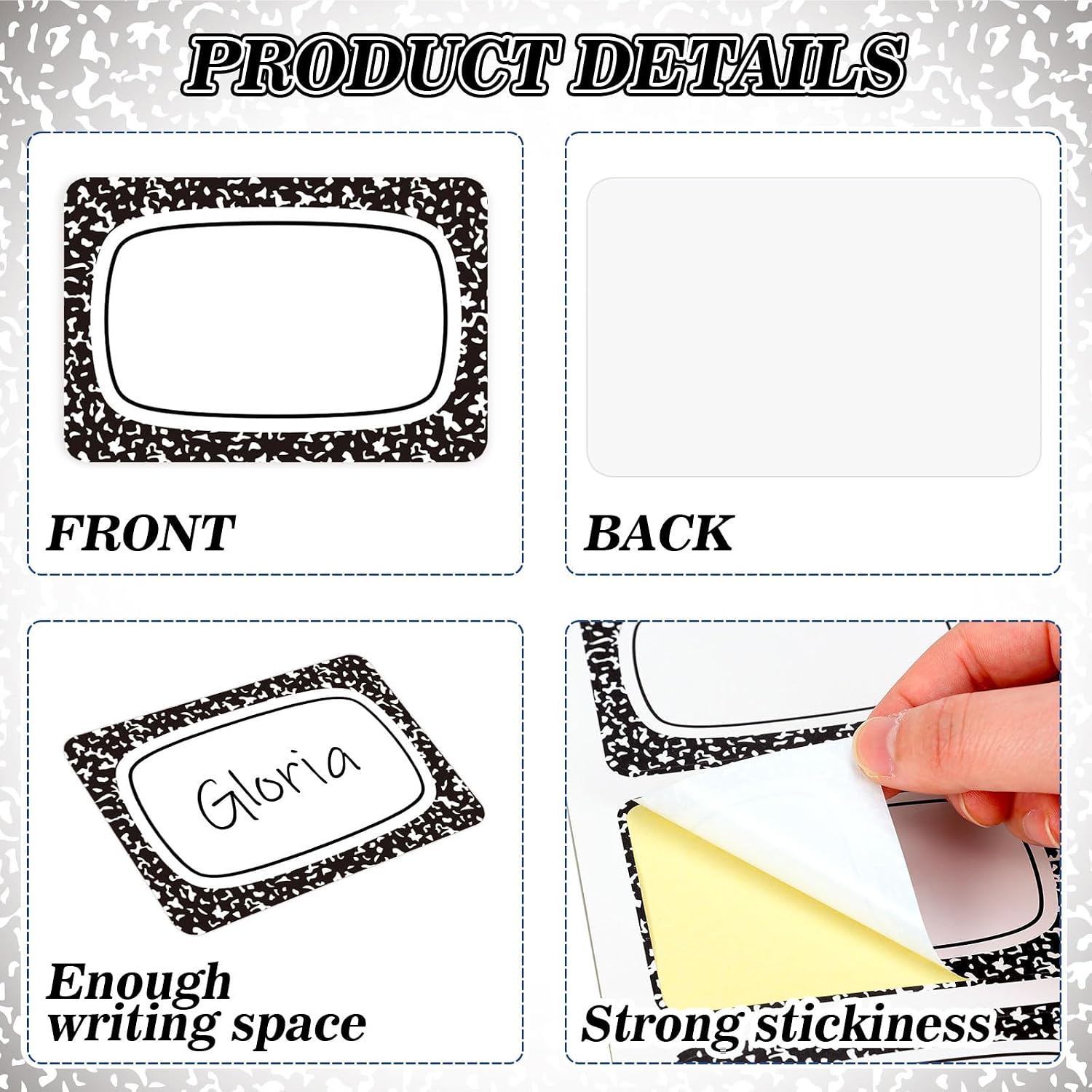 180 Pcs Composition Notebook Name Tag Stickers Self-Adhesive Nameplate Decal Black and White Blank Name Label for