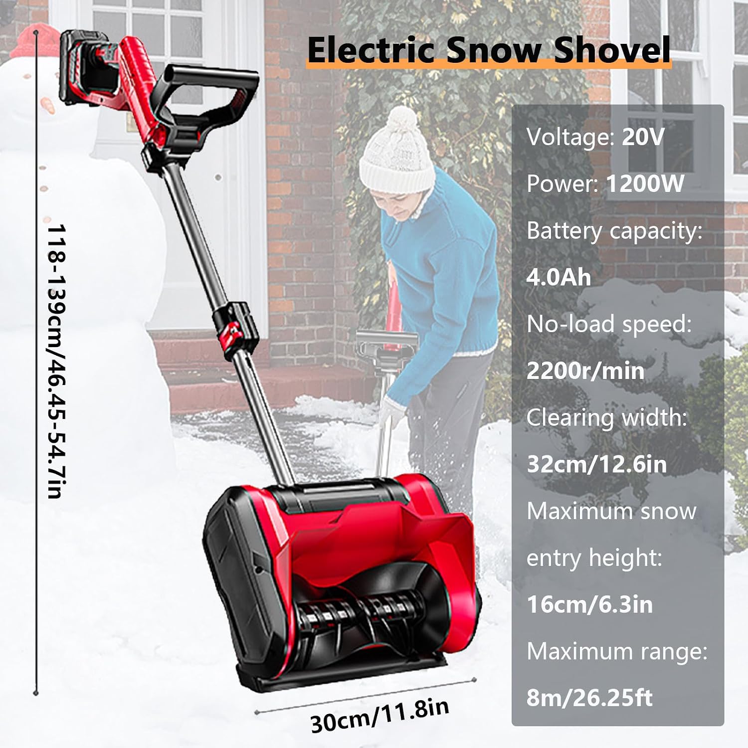 Electric Snow Shovel, Lightweight and Detachable Snow Shovel for Driveway, 12.6in. Width, 6.3in. Depth, 26FT Throw