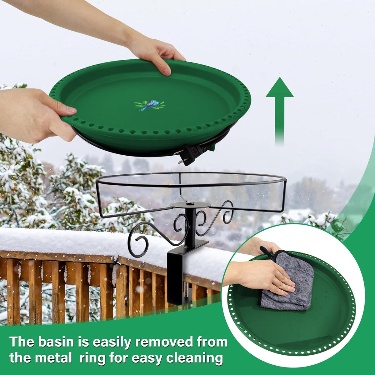 Heated Bird Bath for Outdoors Deck Railing, 100W Heated Birdbath, Green