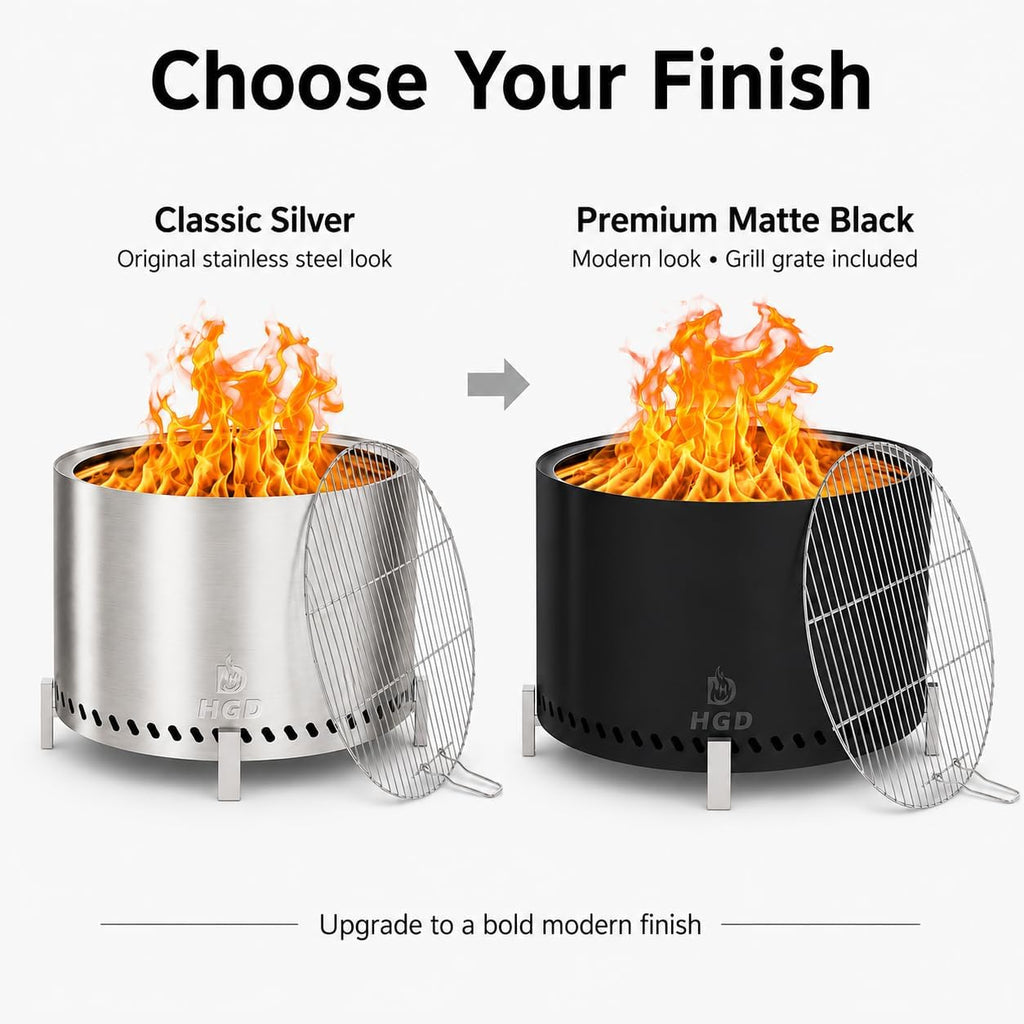 28 Inch Smokeless Firepit with Stand & Grill Rack, Large Stainless Steel Fire Pit, Wood Burning Firepit for Patio