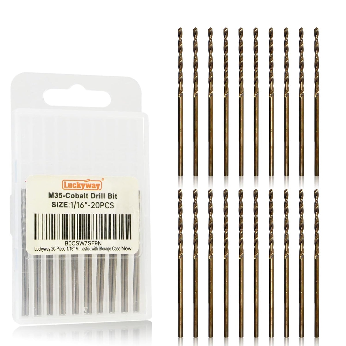 Luckyway 1/16" Cobalt Drill Bit (20 Pcs), Jobber Length Twist Drill Bit Set for Hard Metal, Stainless Steel, Cast Iron, Wood and Plastic, with Storage Case