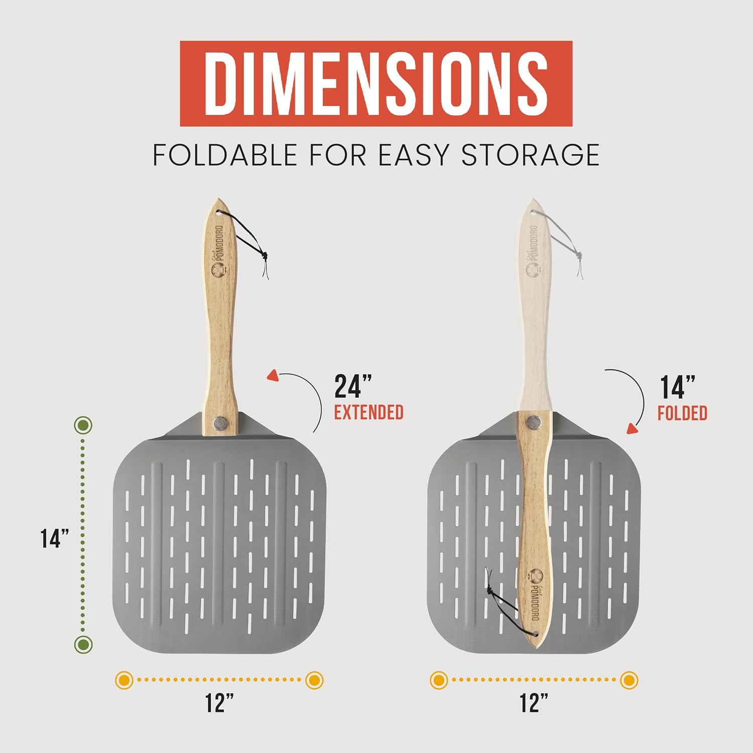 Perforated Aluminum Metal Pizza Peel with Foldable Wood Handle for Easy Storage (12 inch) and Pizza Turning Peel