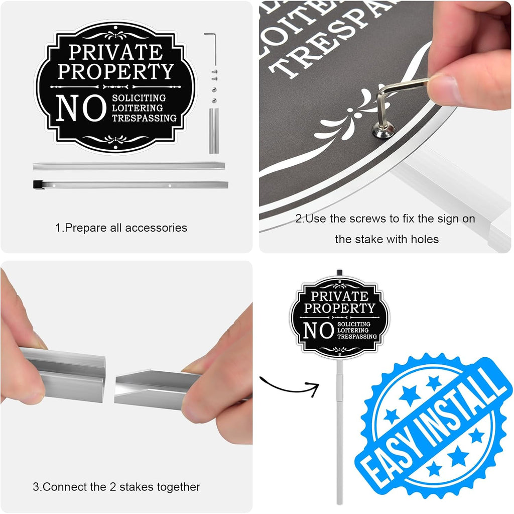 No Soliciting Sign for House with Metal Stake, 12" x 28" Private Property No Trespassing No Loitering Sign for Yard