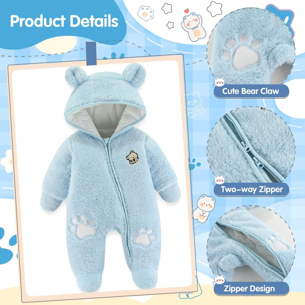 Newborn Baby Snowsuit Bear Outfit Footie Romper Winter Thick Fleece Jumpsuit Infant Coat for Girls Boys 0-12M
