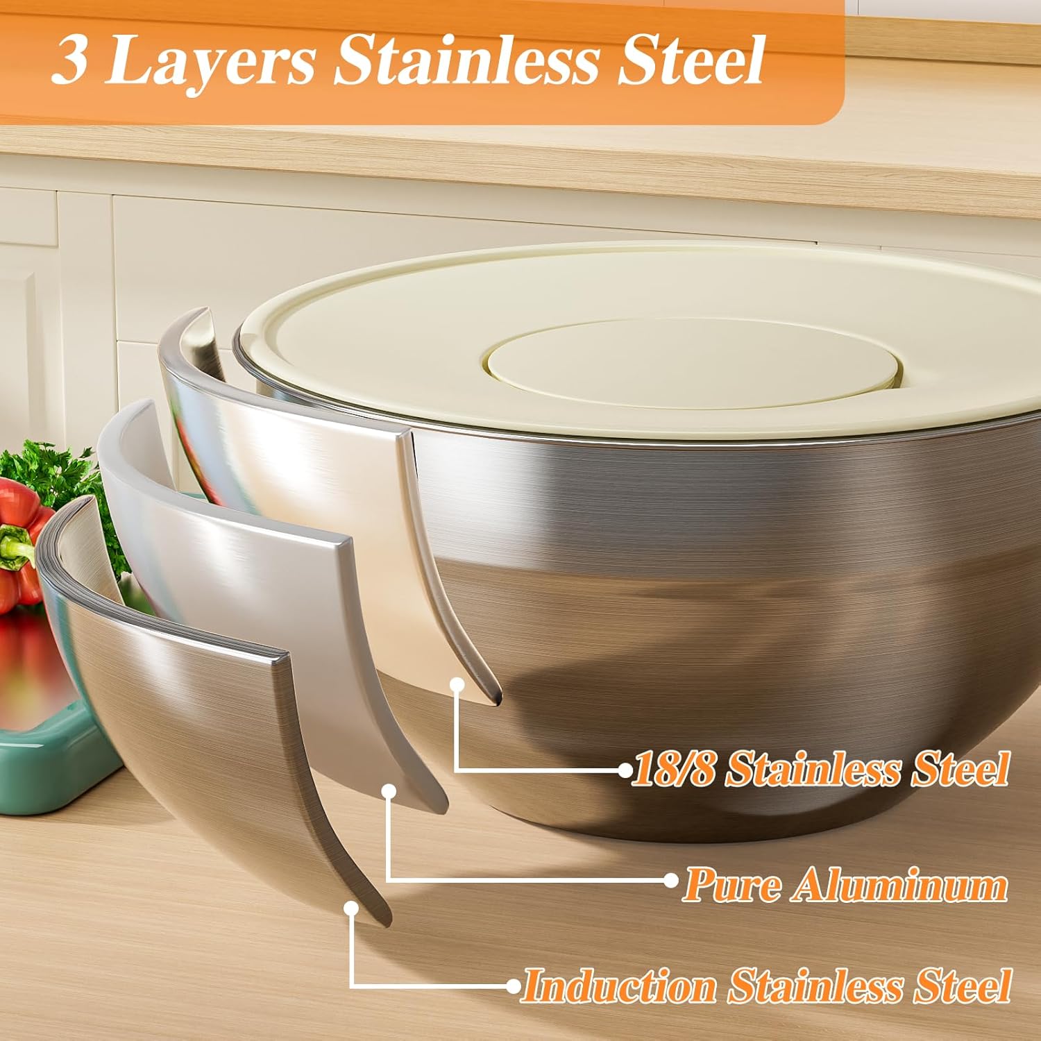 Mixing Bowls with Lids Set, 6 PCS Stainless Steel Mixing Bowls with 3 Grater Attachments, Kitchen Food Storage