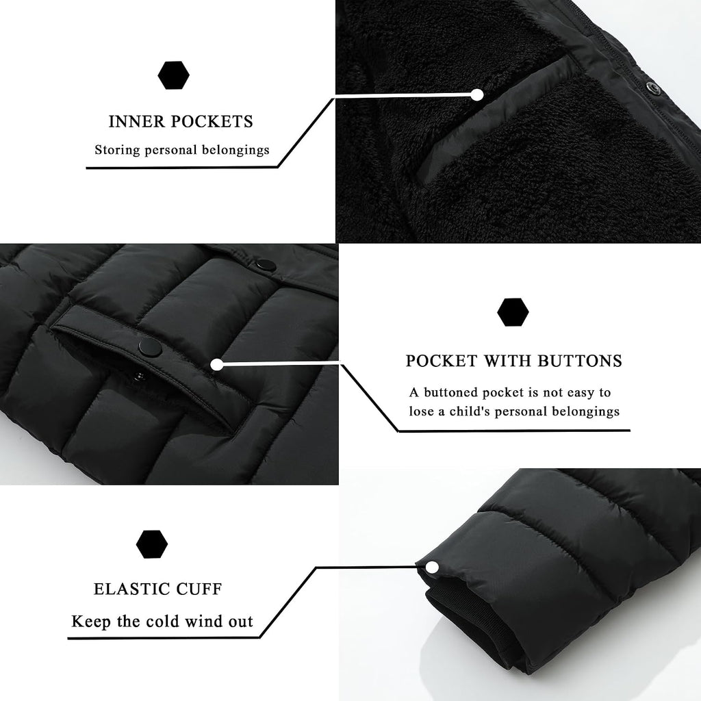 Boy's Quilted Winter Jacket Waterproof Down Coat Puffy Hooded Parka | Warm Jacket with Detachable Hood Windproof