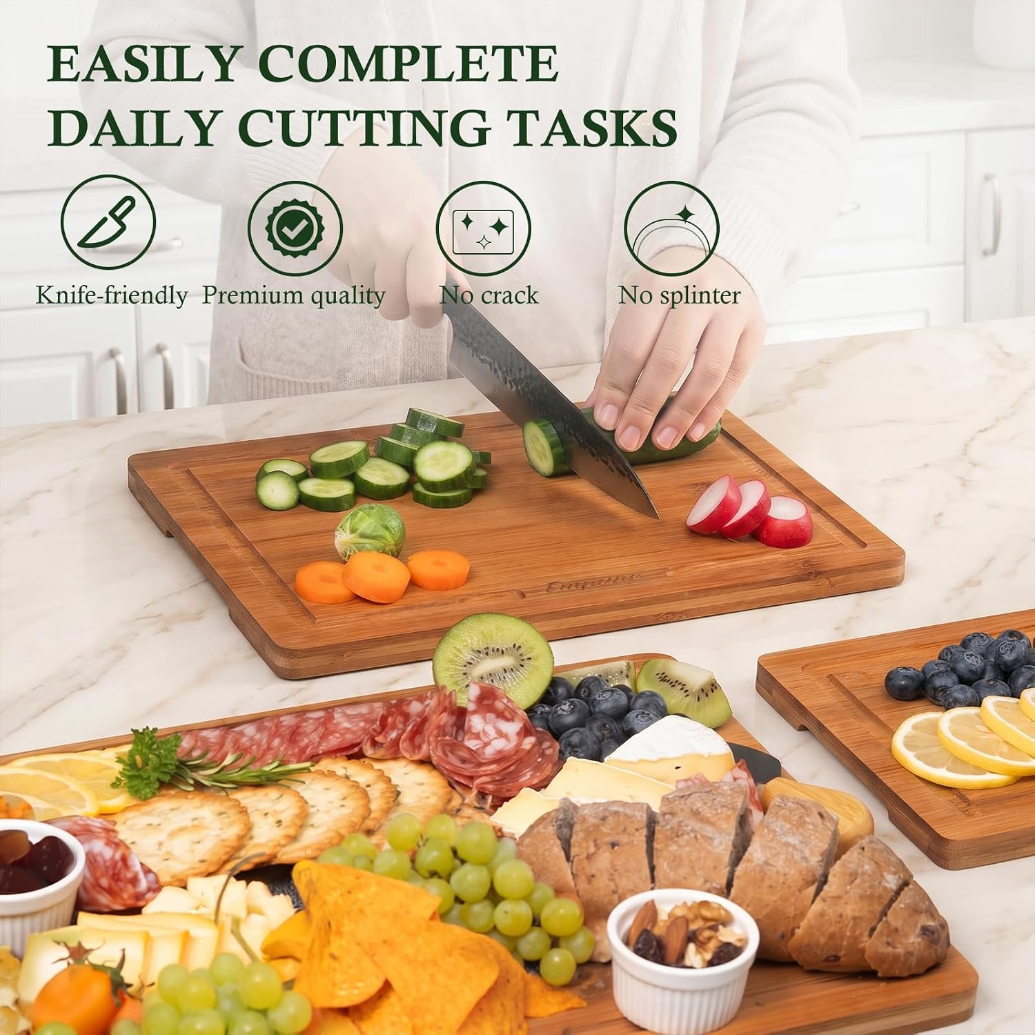 Bamboo Cutting Boards for Kitchen, 3 Piece Extra Thick Cutting Board Set with Juice Groove, Deep Carbonized Bamboo