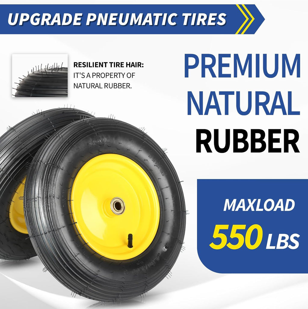 4.80/4.00-8 Wheelbarrow Tire and Wheel, 16" Rubber Pneumatic Wheel, 3"- 6" Centered Hub, 5/8" & 3/4" Bearings, for