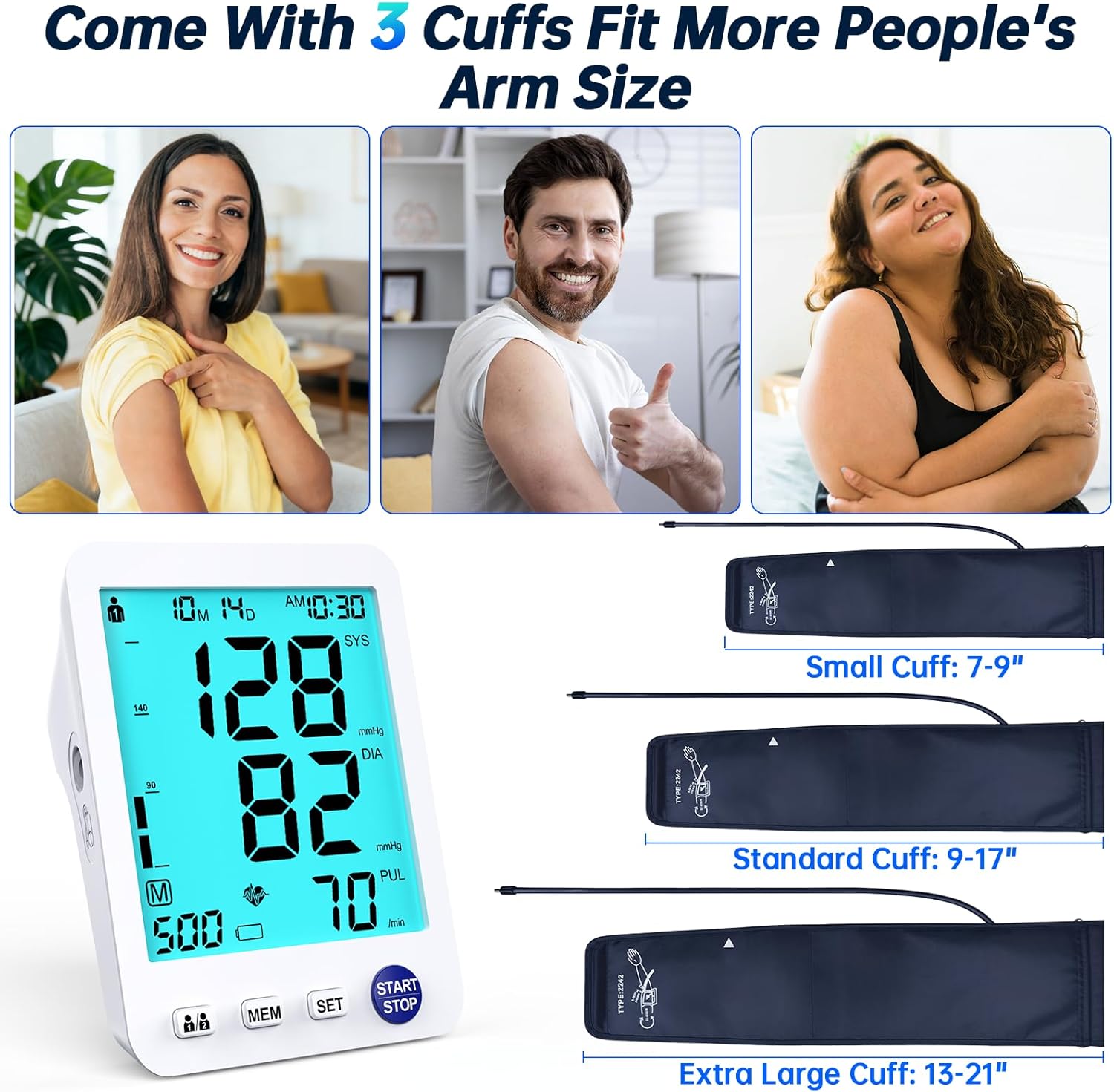 Upper Arm Electronic Blood Pressure Monitor 3 Size Cuffs (S, M/L, XL) | Small 7-9", Medium/Large 9-17", Extra Large