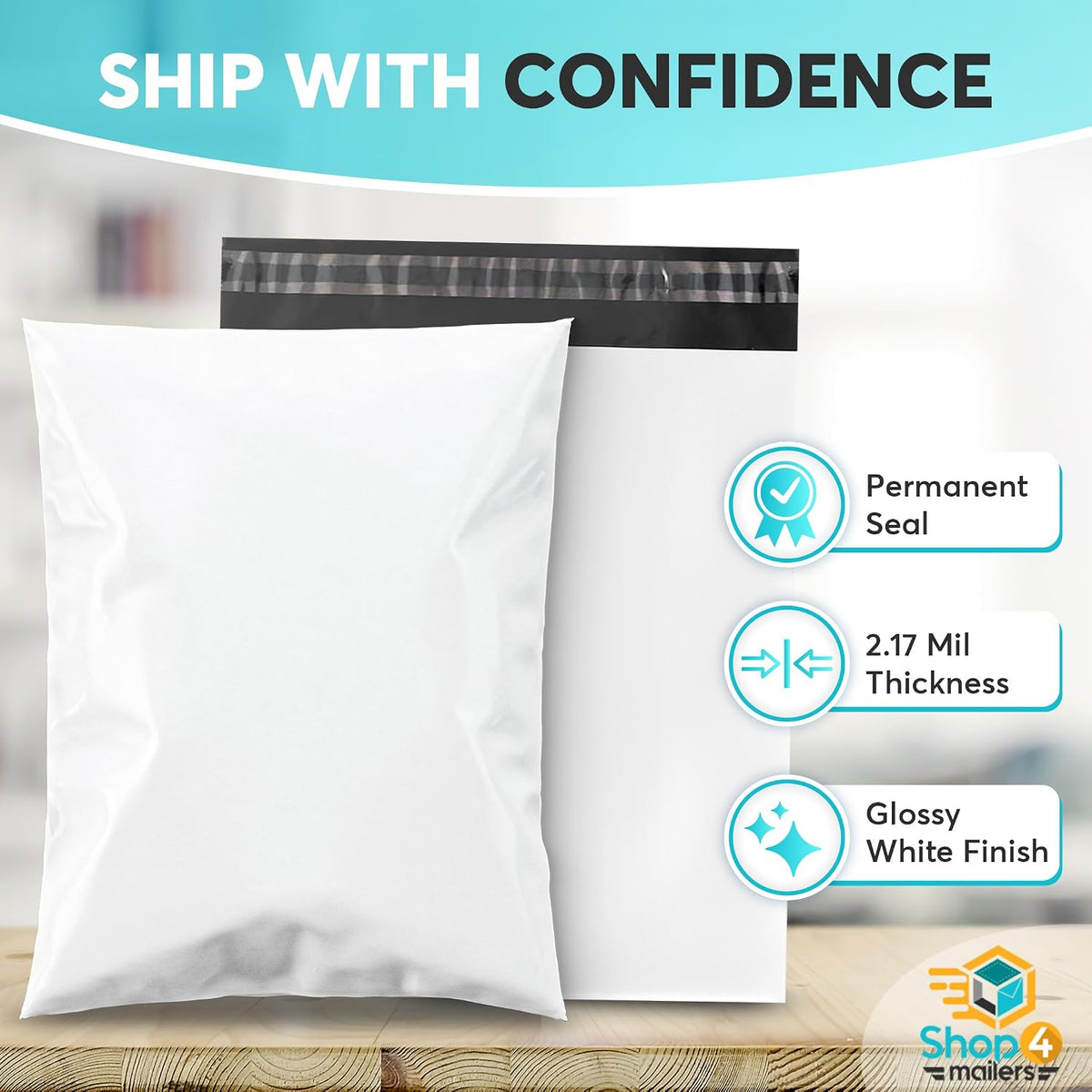 100 Count 7.5x10.5 Permanent Self Seal White Poly Mailers, 2.17 Mil
