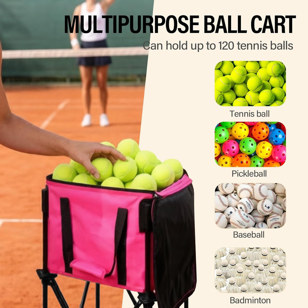 Tennis Ball Hopper,Foldable Lightweight Tennis Cart Holds 200/120 Balls with Wheels & Removable Bag,Easy to Use