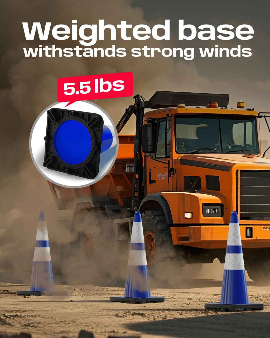 28 inch Traffic Safety Cones Blue with Weighted Base 6 Pack | Heavy duty design, reflective collars, flexible PVC