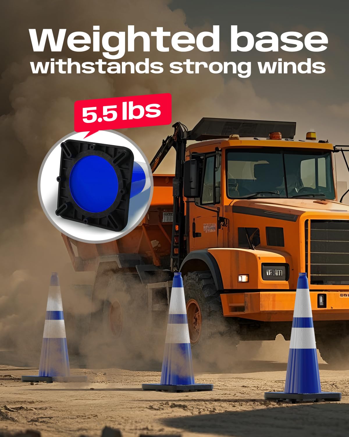 28 inch Traffic Safety Cones Blue with Weighted Base 6 Pack | Heavy duty design, reflective collars, flexible PVC
