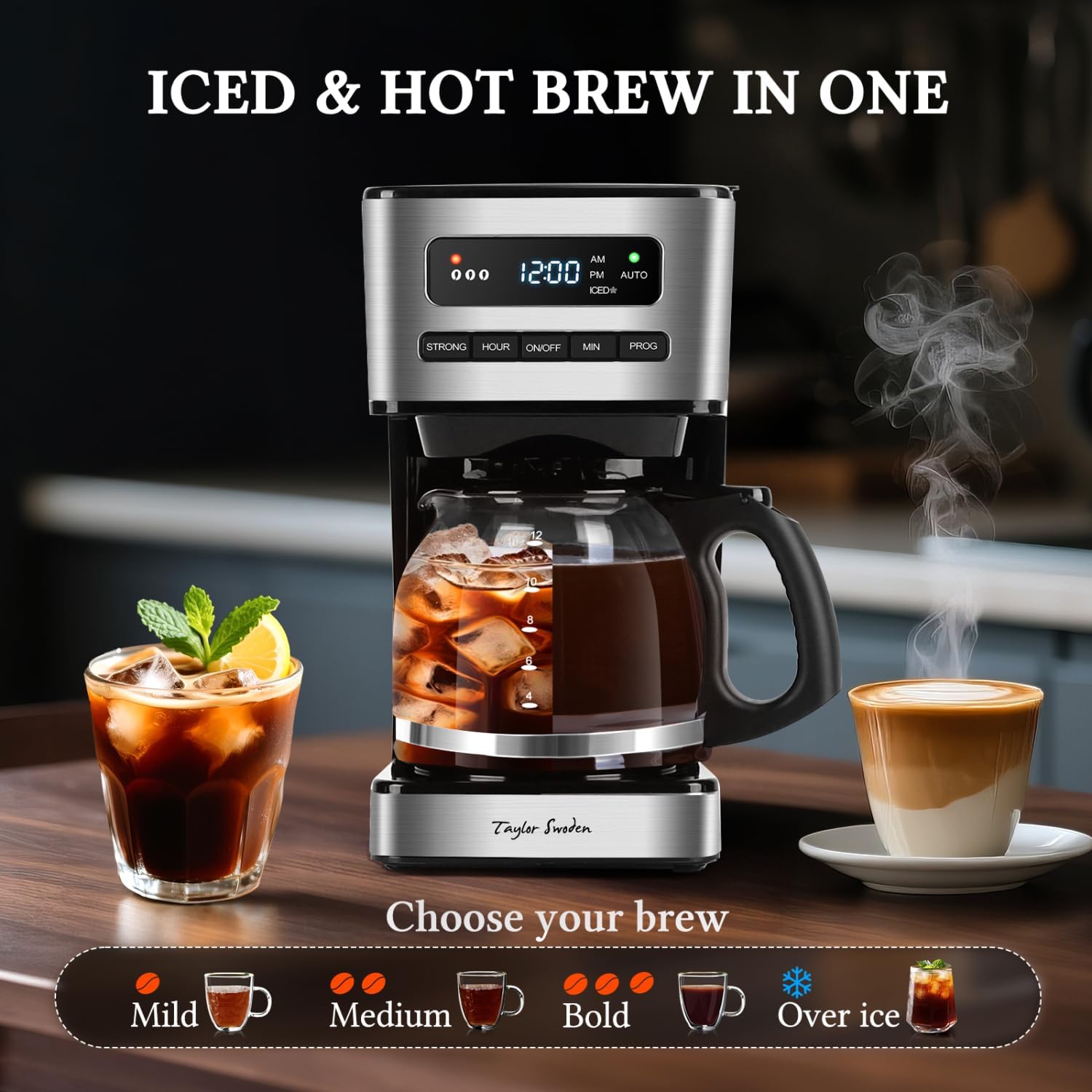 Programmable Coffee Makers 12 Cup, Black &Stainless Steel | Hot and Iced Coffee Maker, 4 Brew Strength, LED Display