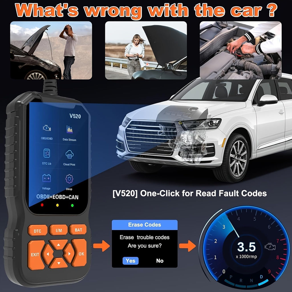 Professional V520 OBD2 Scanner – Advanced Car Diagnostic Tool with Live Data, Check Engine Reset, ABS/SRS Scan, Mode