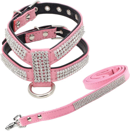 Fashion Puppy Harness with Diamantes and Lead Cute Girl Bling Dog Harness with Bling Leash for Small Dogs - Pink - L