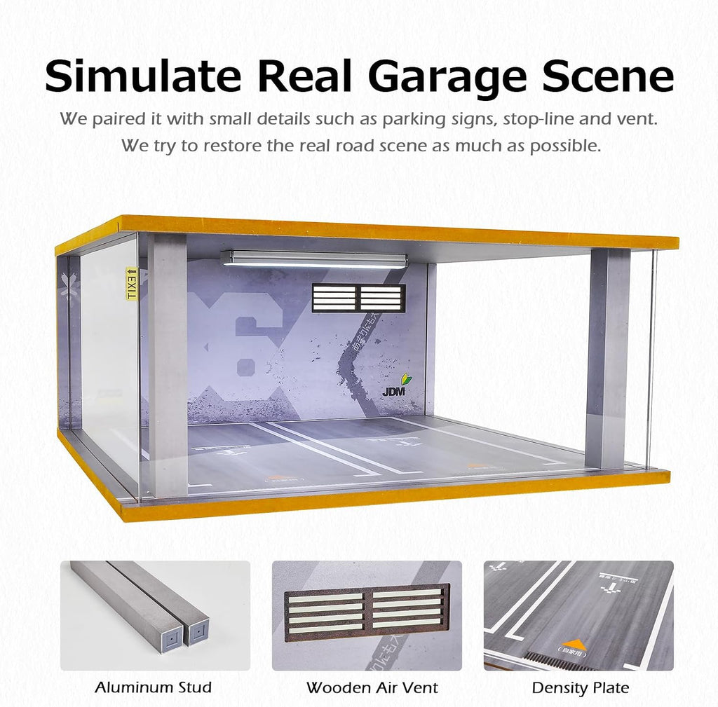 1/18 Scale Wooden Car Garage Display Case Garage Model | 2 Parking Spaces 1/18 Scale LED Light Feature Wooden Garage