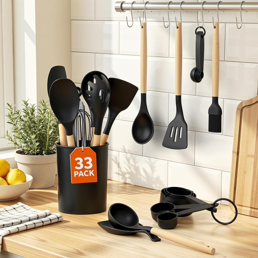 Kitchen Utensils Set - 33 PCS, Heat-Resistant Silicone Cooking Utensils Set with Wooden Handle, BPA-Free Kitchen