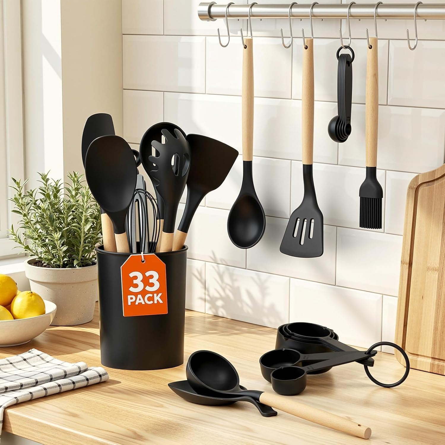 Kitchen Utensils Set - 33 PCS, Heat-Resistant Silicone Cooking Utensils Set with Wooden Handle, BPA-Free Kitchen