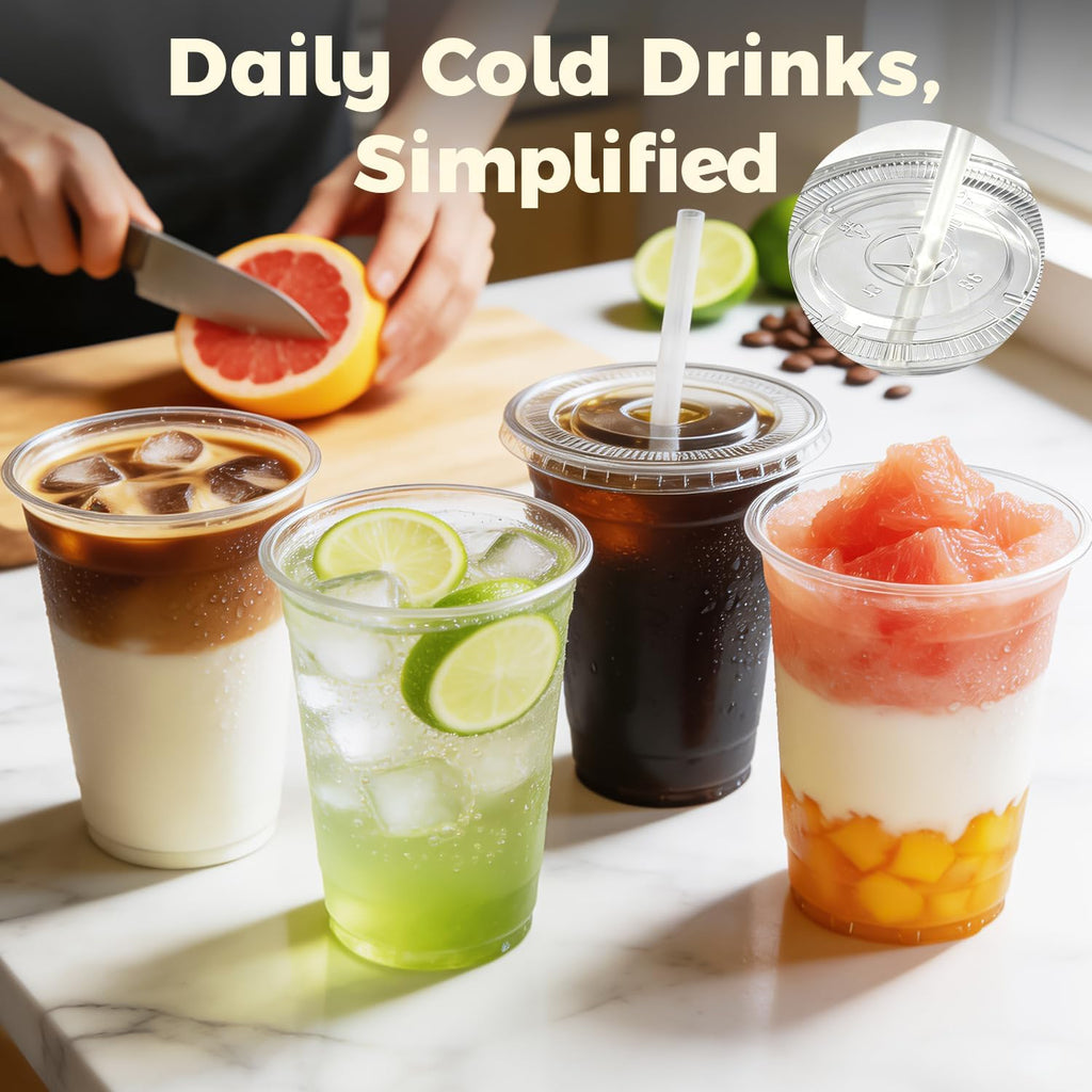 100 Sets 16 oz Plastic Cups with Lids and Straws