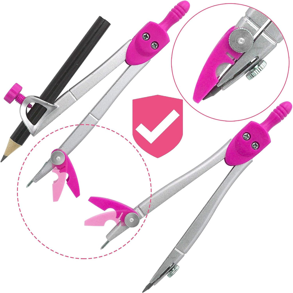 Geometry Set Maths Compasses for Grade Students Back to School Supplies with Compasses Protractor in Carry Case, Pink