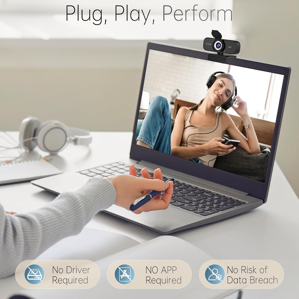 1080P HD Webcam with Noise-Canceling Mic, Auto Light Correction, Privacy Cover and Wide Angle Lens, Plug & Play USB