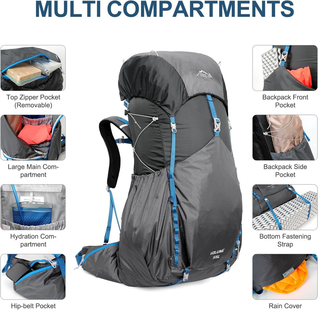 55L Internal Frame Waterproof Hiking Camping Backpack with 3L Water Bladder and Rain Cover, Large Lightweight Travel