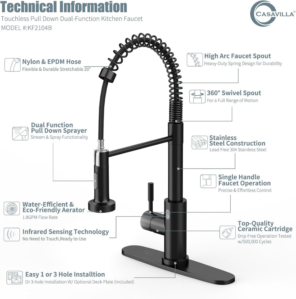 Touchless Kitchen Faucet, Black, with Soap Dispenser and Deck Plate, Motion Sensor Smart Activated Single Handle