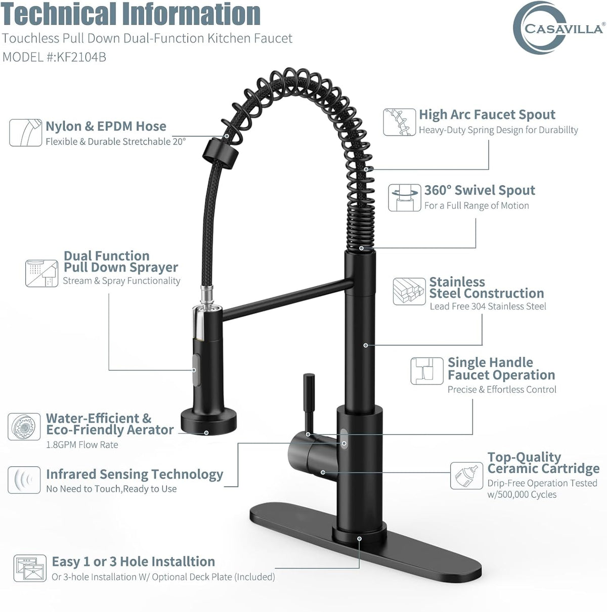 Touchless Kitchen Faucet, Black, with Soap Dispenser and Deck Plate, Motion Sensor Smart Activated Single Handle