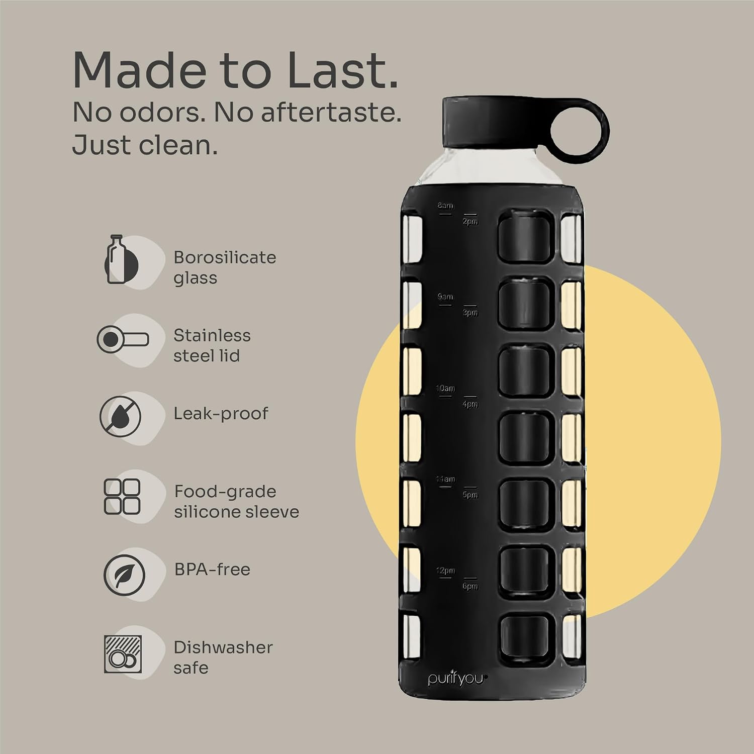 40oz / 32oz / 22oz / 12oz Borosilicate Glass Water Bottle with Time & Volume Markers, Silicone Sleeve, Stainless