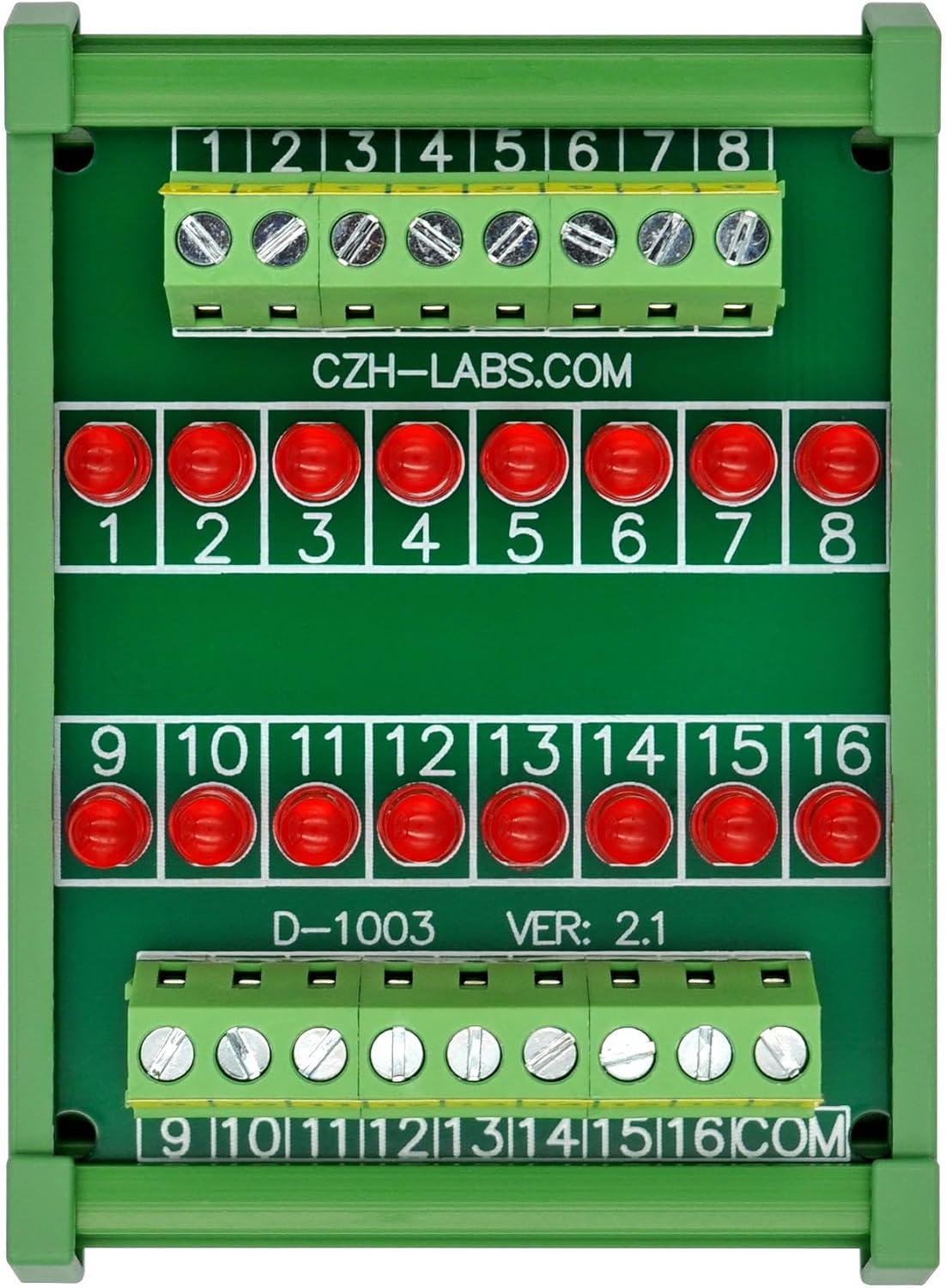 DIN Rail Mount 16 LEDs Indicator Light Module, Support 5~50VDC Common Positive/Negative (Red)