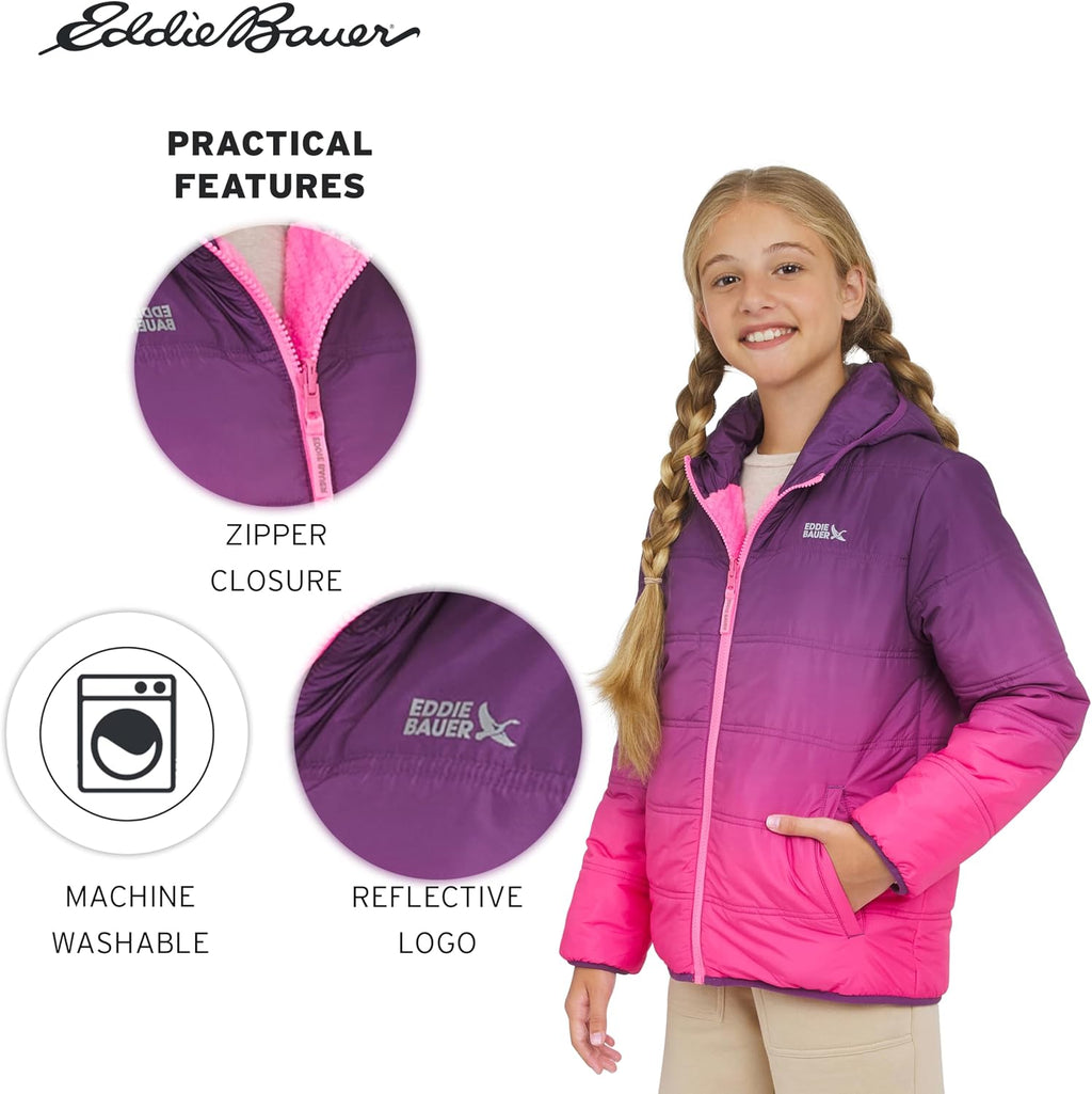 Eddie Bauer Girls' Deer Harbor Reversible Faux Fur Lined Insulated Puffer Jacket
