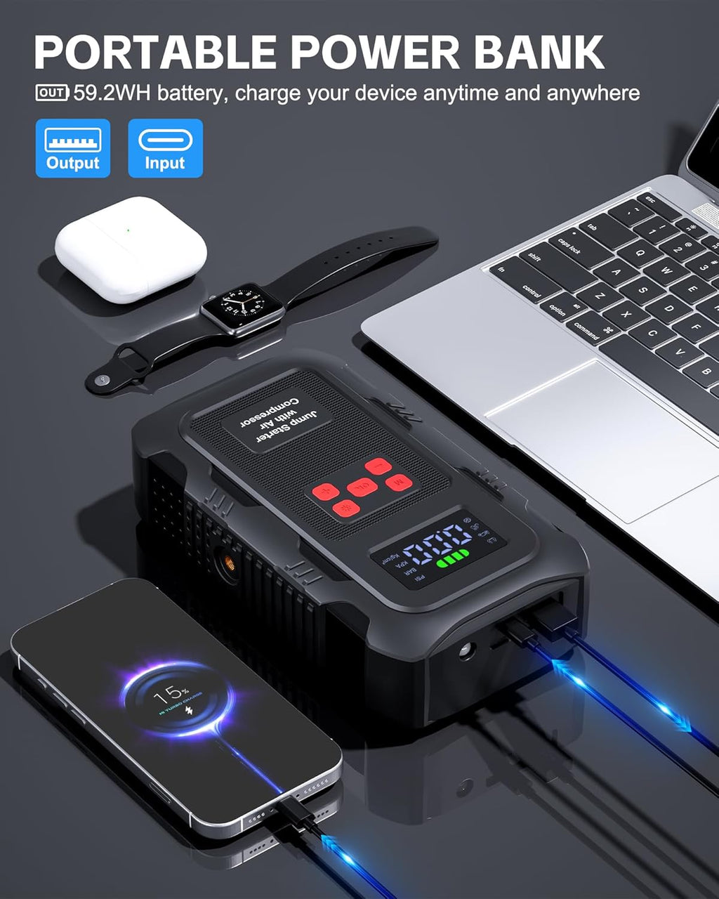 5000A Jump Starter with Air Compressor, Portable Car Battery Jump Starter with 150 PSI Tire Inflator for Up to 10.0L